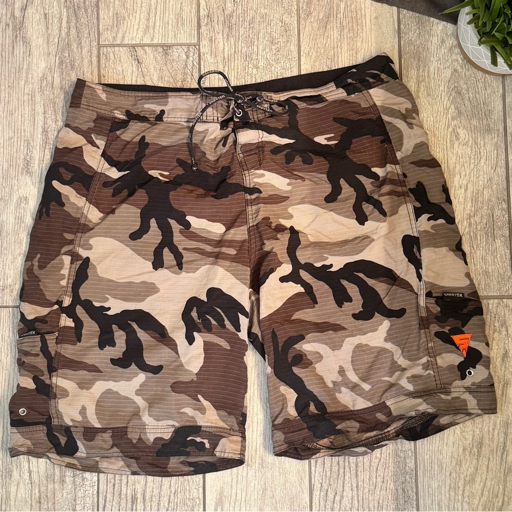 Sinister Brand Men's Brown/Black/Tan Camo Swim Board Shorts with Pockets